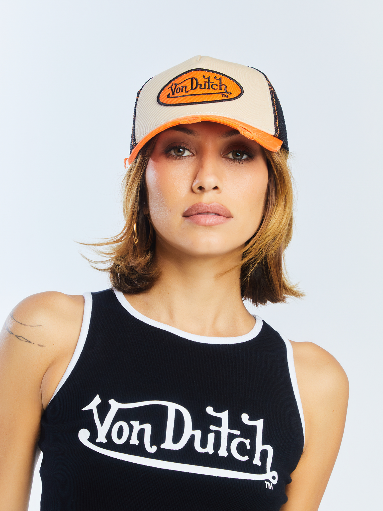 Von Dutch Tan & Orange Classic Distressed Trucker Hat - Image 6