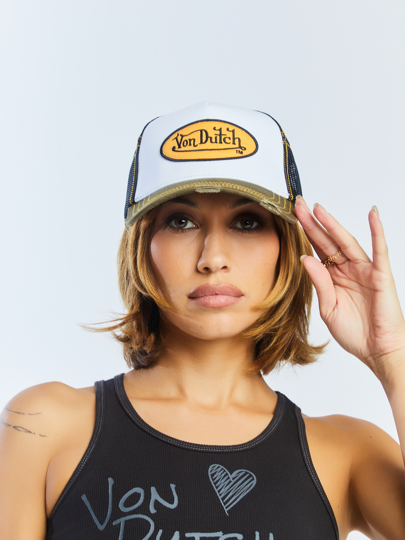 Von Dutch Olive & Yellow Classic Distressed Trucker Hat - Image 6