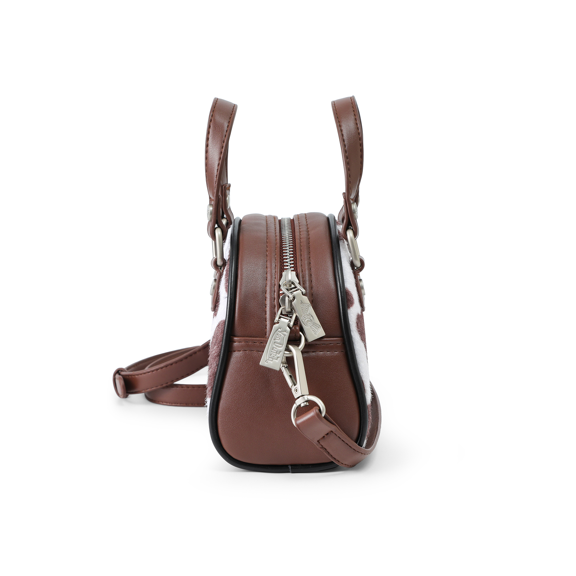 Von Dutch Mini Cow Print Bowling Bag - Brown & White - Image 5