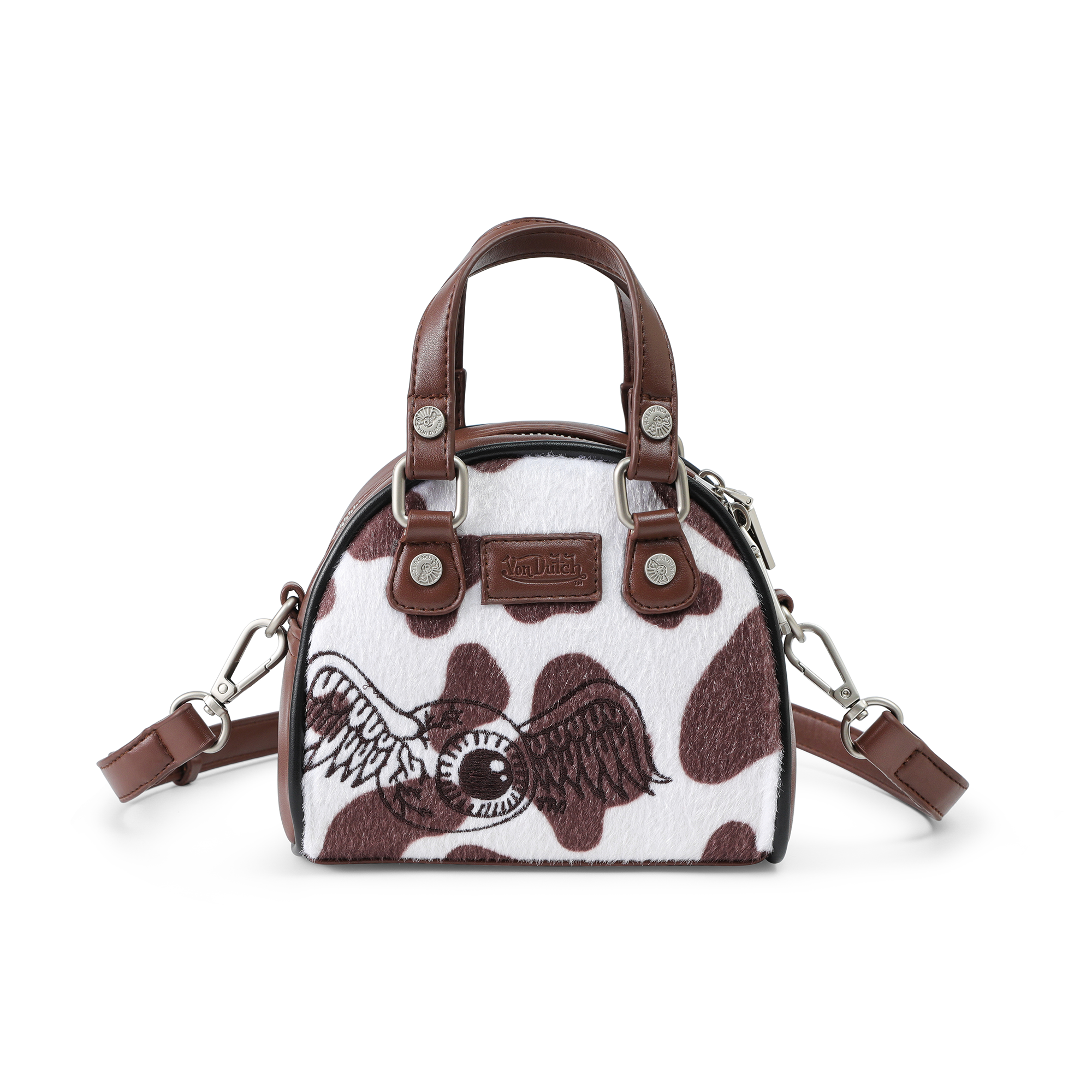 Von Dutch Mini Cow Print Bowling Bag - Brown & White - Image 6