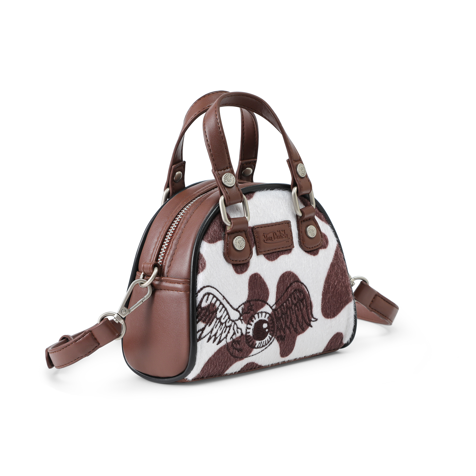 Von Dutch Mini Cow Print Bowling Bag - Brown & White - Image 7