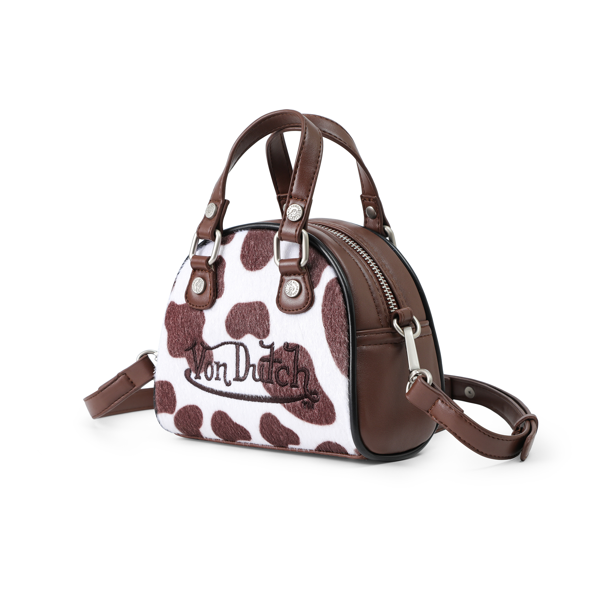 Von Dutch Mini Cow Print Bowling Bag - Brown & White - Image 2